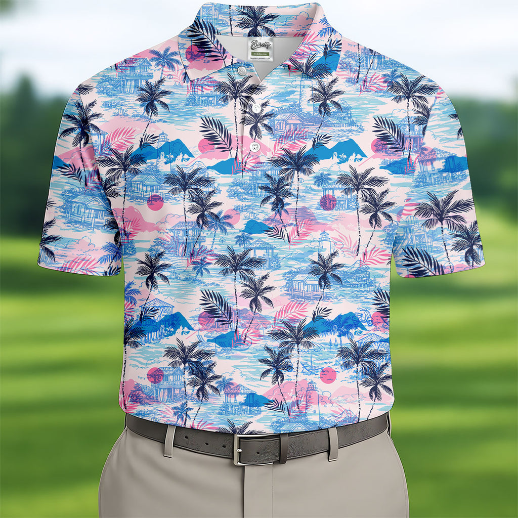 Tropical Island Sunset Pink And Blue Hawaiian Golf Shirt, Polo Shirts For Men, Golfing Apparel