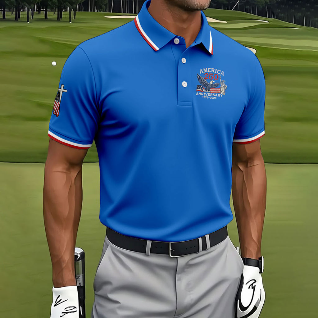 Faith Cross Bald Eagle America 250 Anniversary Blue Patriotic Golf Shirt, Golf Shirts For Men