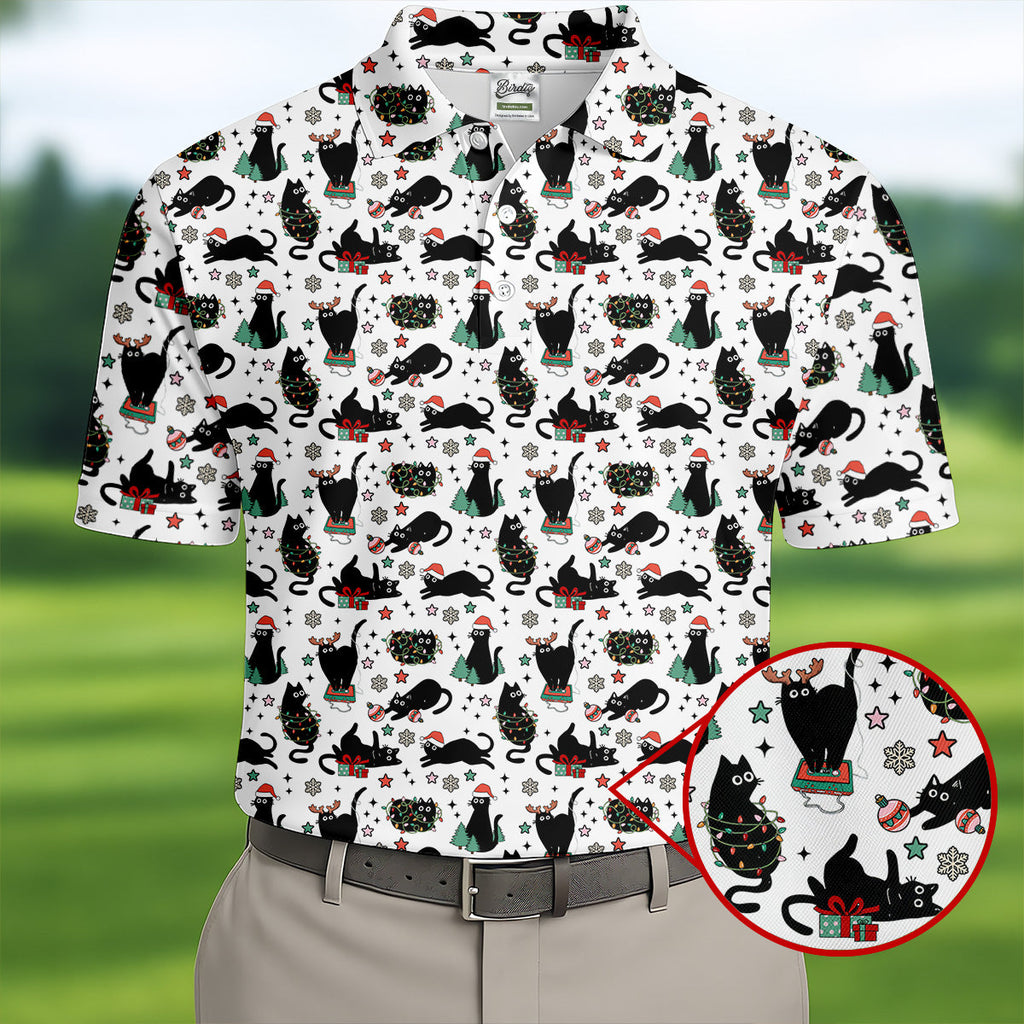 Xmas Black Cat Polo Shirts For Men, Christmas Golf Shirt, Golf Gift For Men, Christmas Golf Shirt