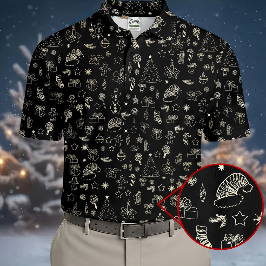 Festive Christmas Golden Pattern Men's Golf Polo Shirts, Christmas Golf Shirt, Golf Gift For Men