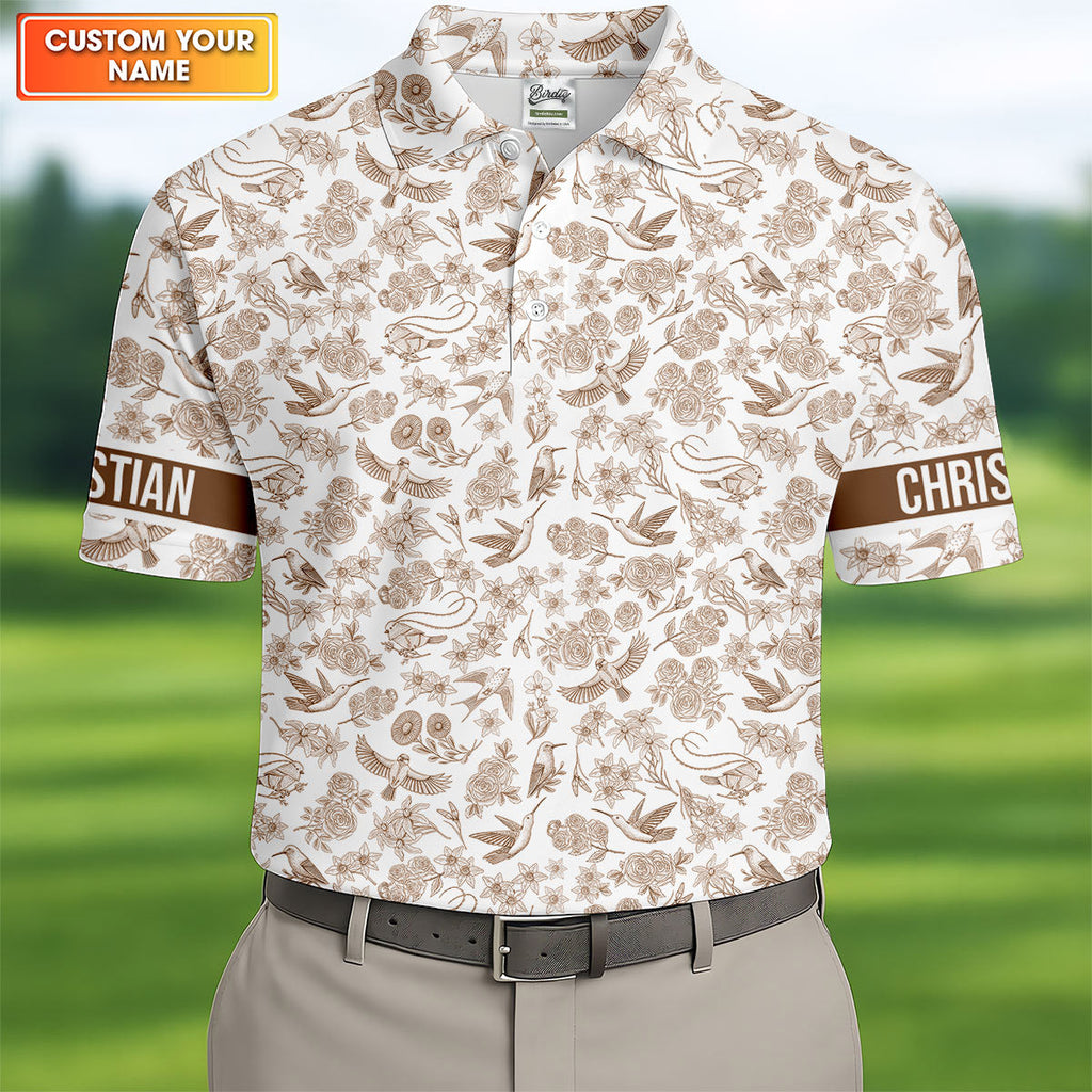 Custom Name Toile de Jouy Birds And Flowers Brown Golf Shirt, Polo Shirts For Men, Golf Gift For Men