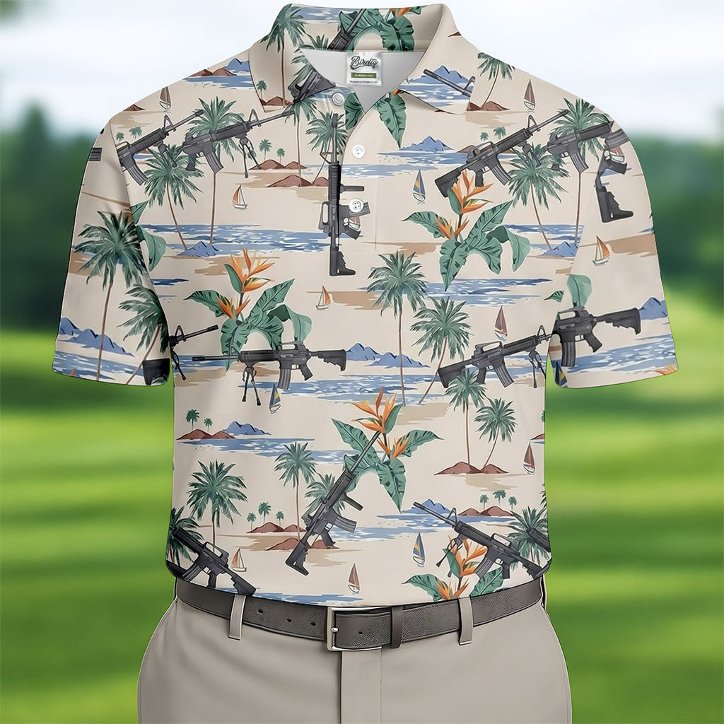 Hawaiian Palm Tree With Army Theme Golf Shirts For Men, Polo Shirts For Men, Golfing Apparel