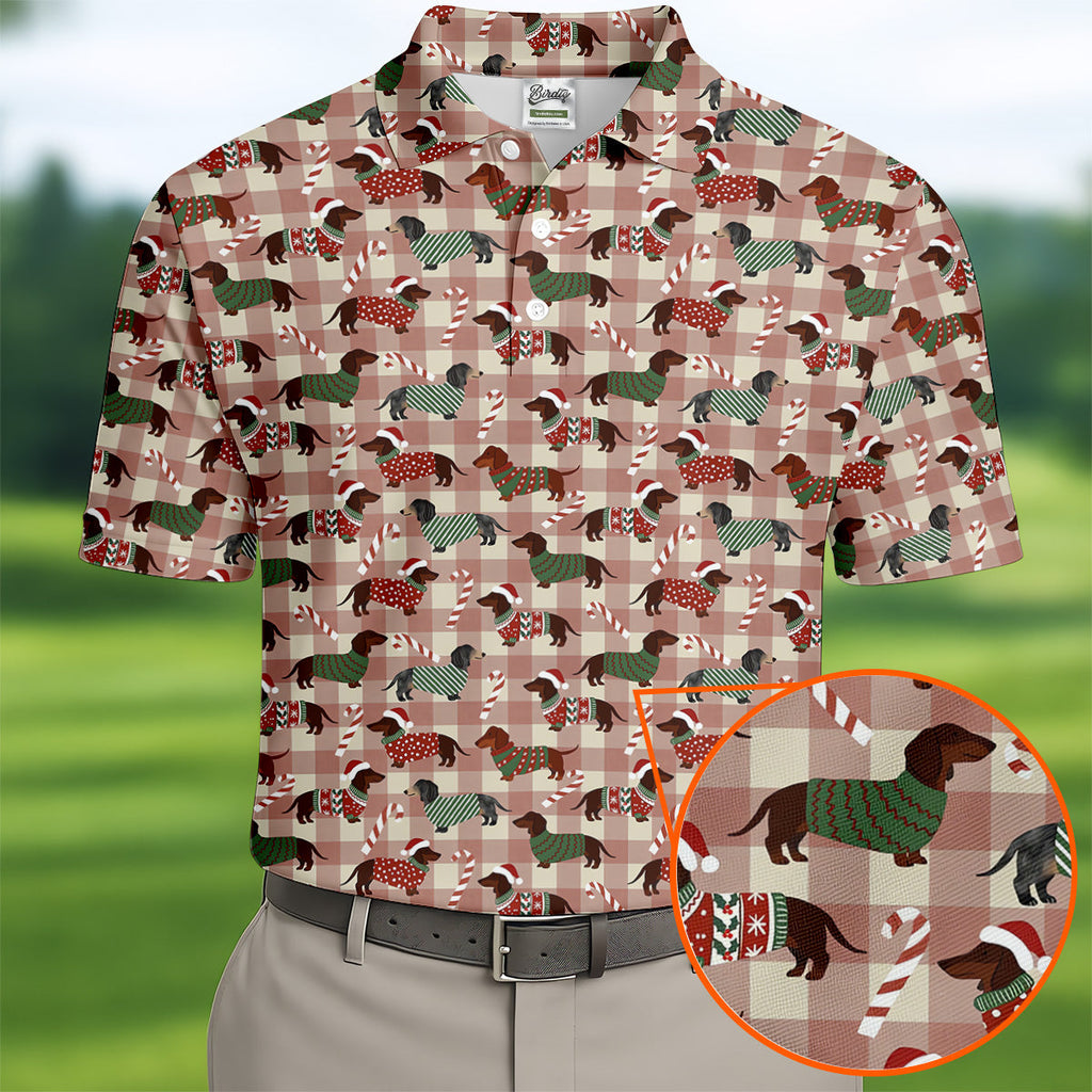 Christmas Dachshund Pink Checkered Golf Tops For Men, Christmas Golf Shirt, Polo Shirts For Men