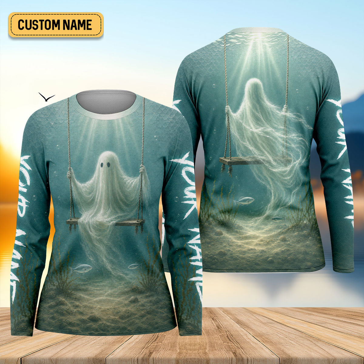 Your Name Underwater Ghost Halloween Fishing UPF Shirt, Womens Fishing Shirt, Fishing Apparel