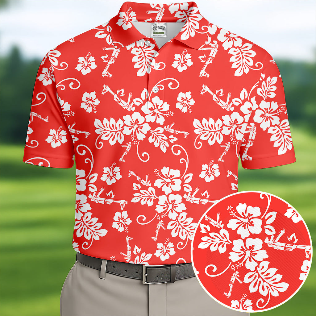 Tropical Flower Red Golf Shirt, Hawaiian Golf Shirt, Polo Shirts For Men, Golf Shirts For Men