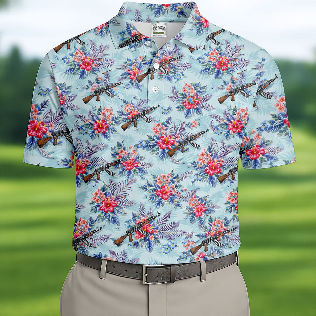 Hawaiian Floral Military Theme Light Blue Golf Shirt, Golf Shirts For Men, Polo Shirts For Men