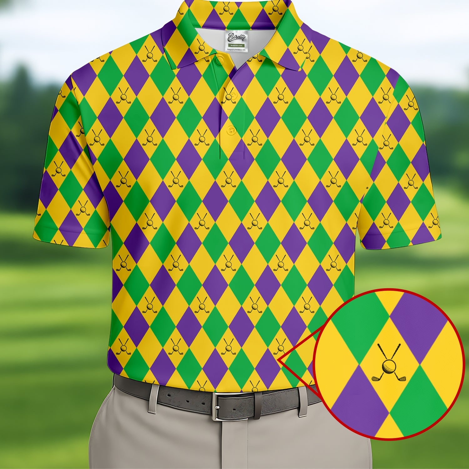 Green Gold Purple Argyle Pattern Mardi Gras Golf Shirt, Polo Shirts For Men, Golf Shirts For Men