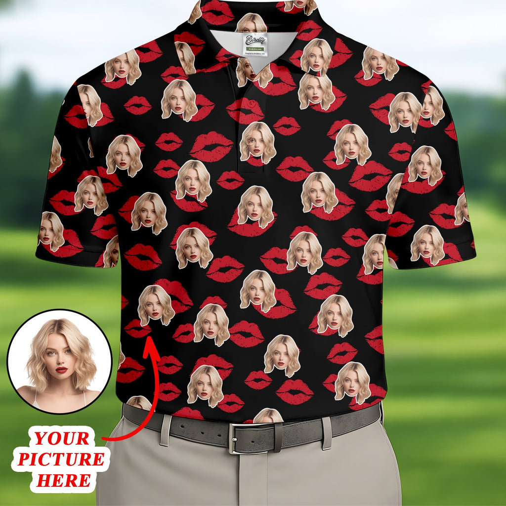 Kiss Lipstick Mark Custom Photo Golf Tops For Men, Valentines Golf Gift, Polo Shirts For Men