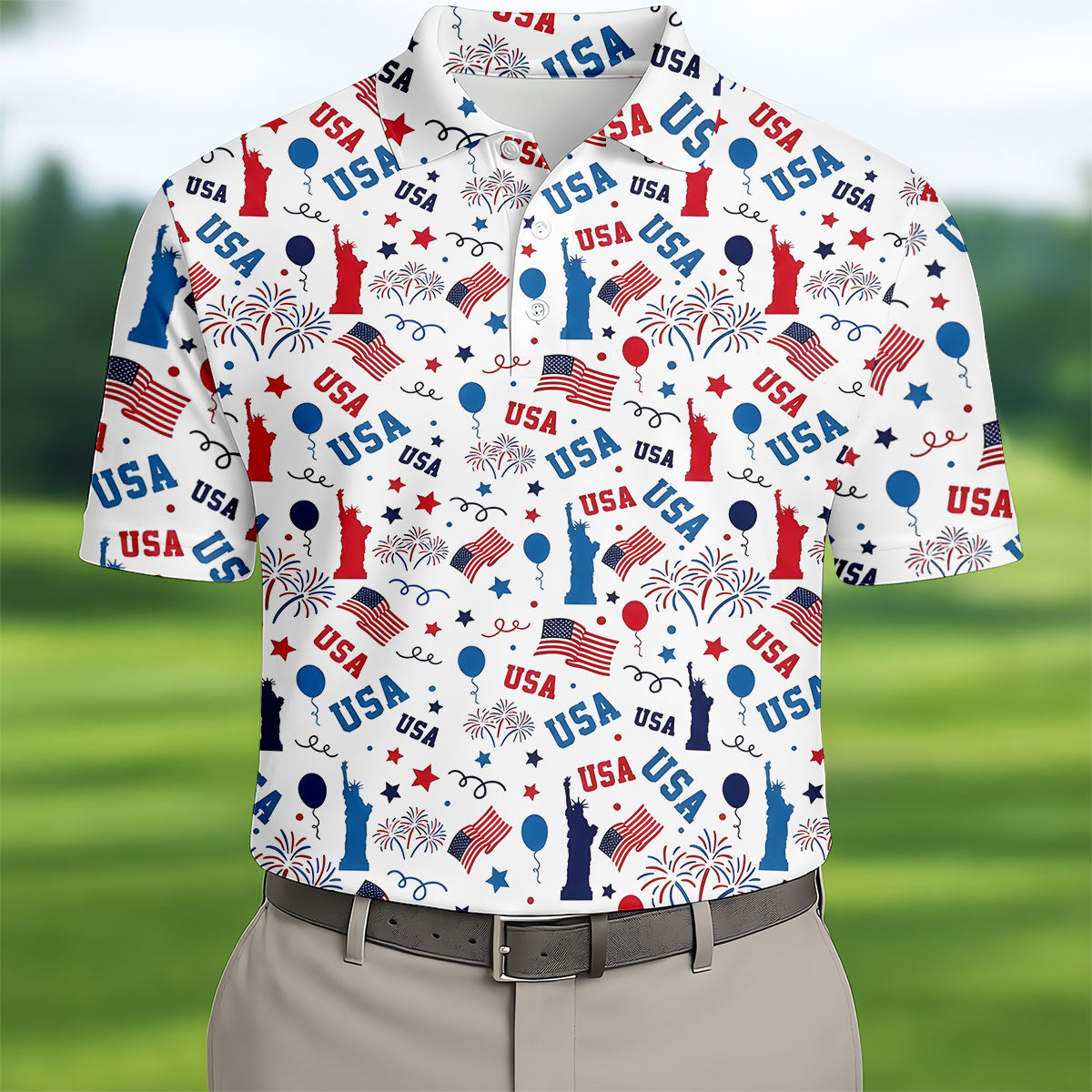 USA Red White Blue Seamless Pattern White Golf Shirt, 250th Anniversary Patriotic 4th Of July Golf Shirts For Men