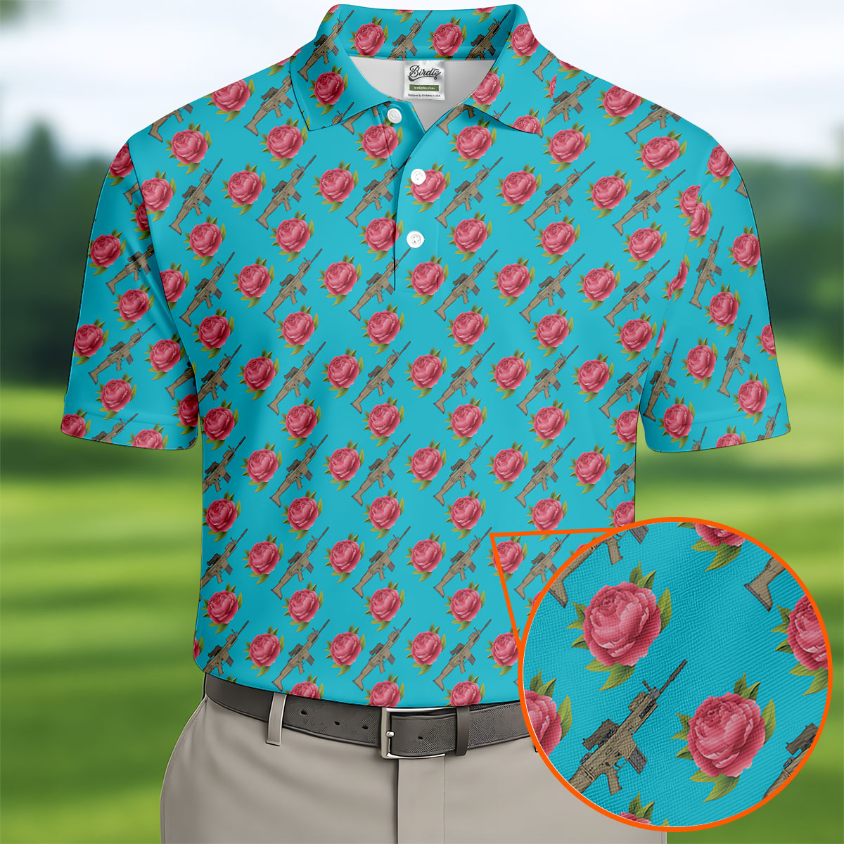 Gun And Rose Seamless Pattern Blue Golf Shirt, Golf Tops For Men, Golf Shirts For Men