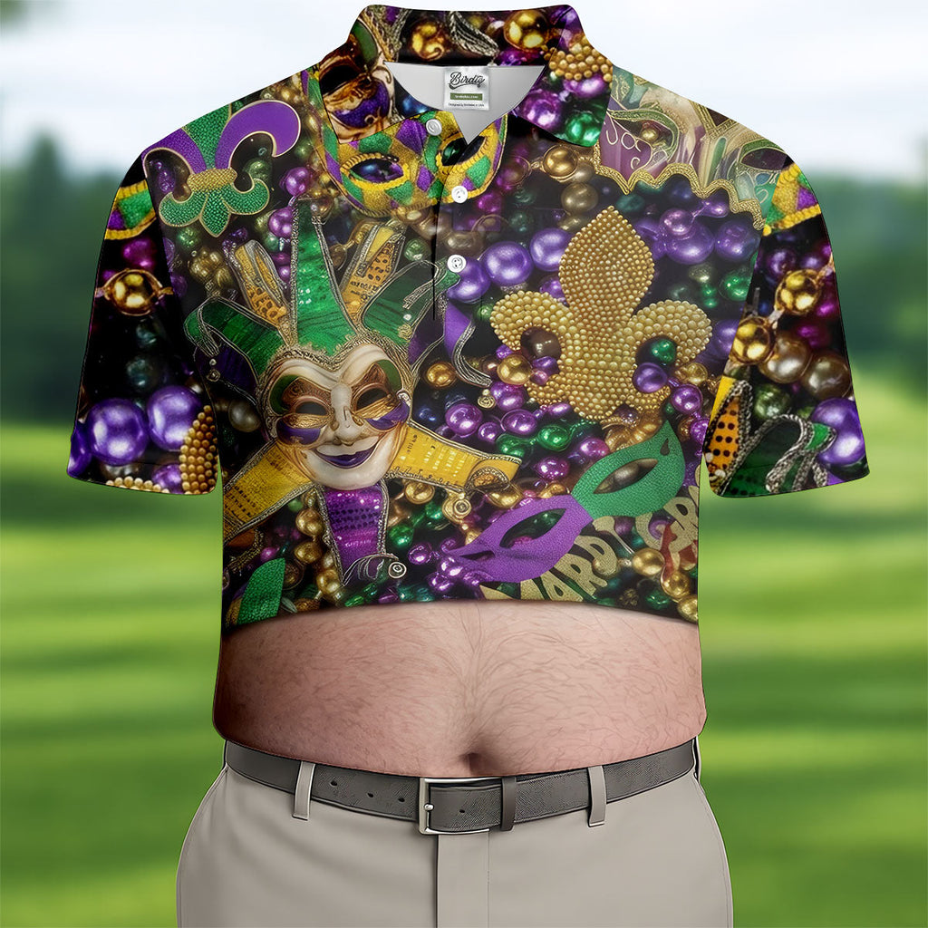 Mardi Gras Purple Green Gold Fleur De Lis Jester Mask Funny Tummy Golf Shirts For Men, Men's Funny Golf Shirts