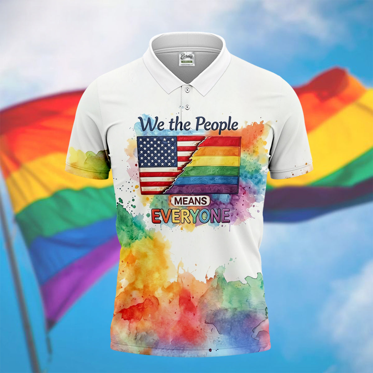 We The People Means Everyone Water Color Print Golf Shirt, LGBTQ Month Polo Shirts For Men