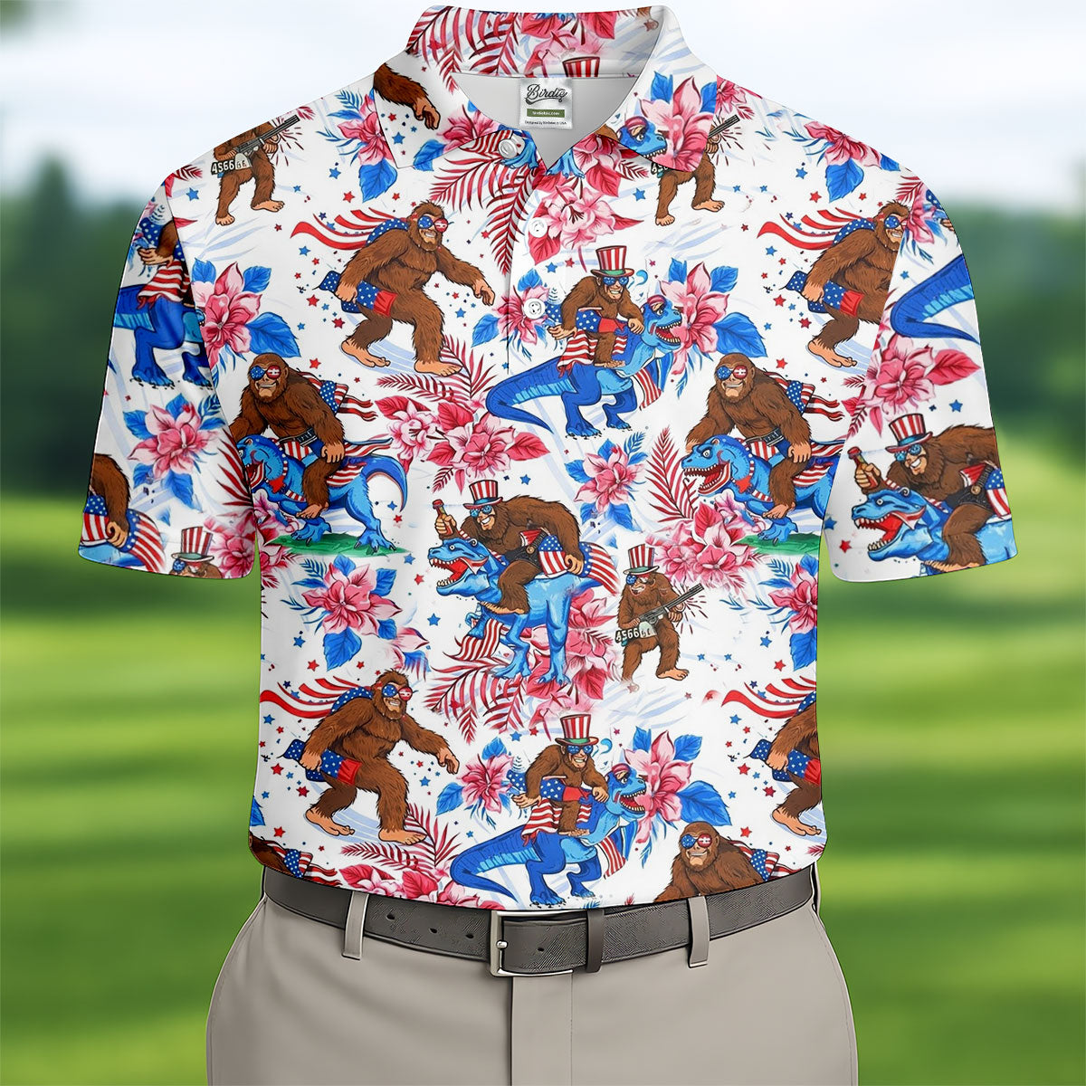 American Flag Patriotic Pride Funny Bigfoot Hawaiian Golf Shirt, 250th Anniversary Golf Shirts For Men