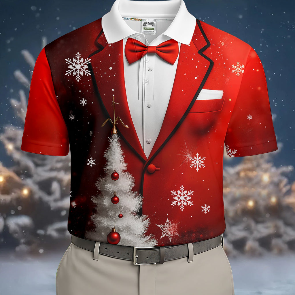 Snow Pine Tree Black And Red Christmas Men's Golf Polo Shirts, Christmas Golf Shirt, Golf Gift For Men