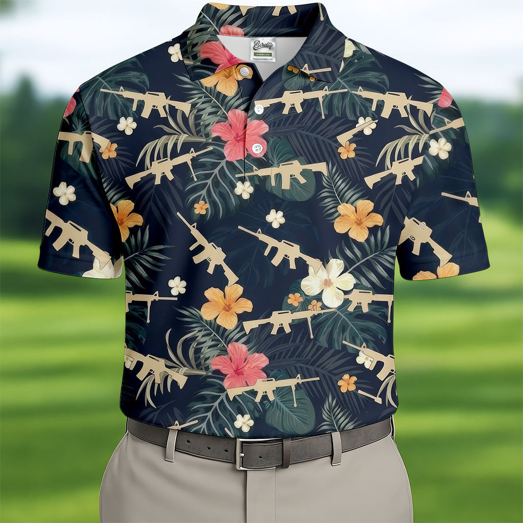 Colorful Hibiscus With Army Theme Golf Shirts For Men, Polo Shirts For Men, Golfing Apparel