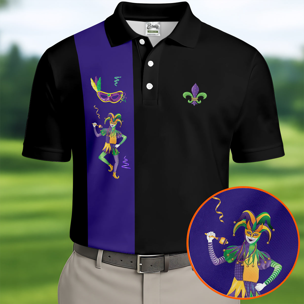 Mardi Gras Festival Jester Figure Fleur De Lis Symbol Black Golf Shirt, Polo Shirts For Men, Golf Shirts For Men