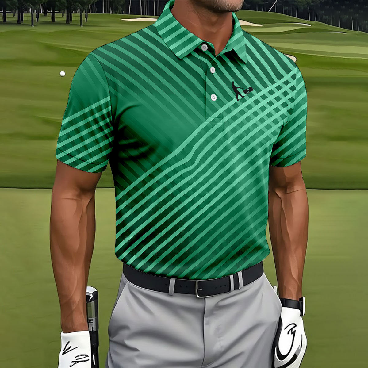 Green And White Striped Pattern Golf Tops For Men, Performance Golf Shirt, Polo Shirts For Men