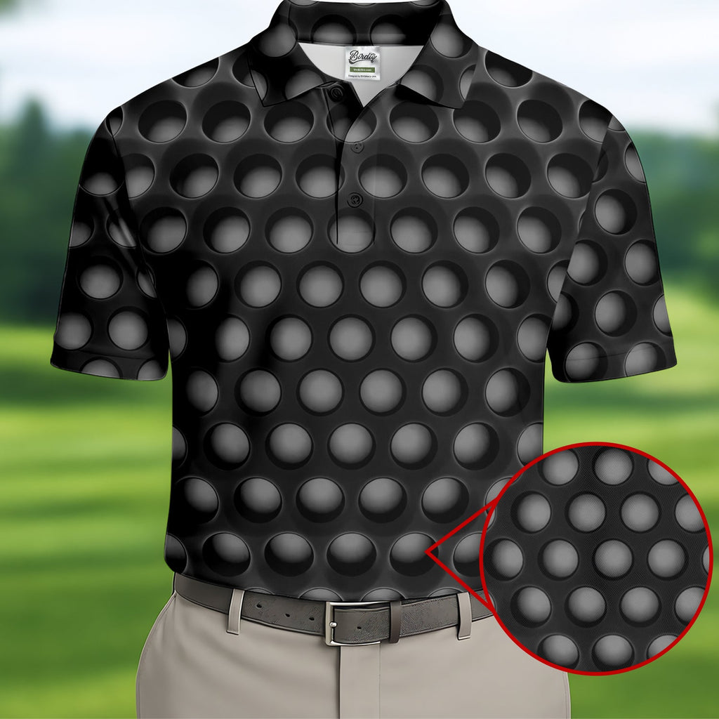 3D Effect Circular Pattern Black Golf Shirt, Cool Golf Outfit, Men's Funny Golf Shirts, Polo Shirts For Men
