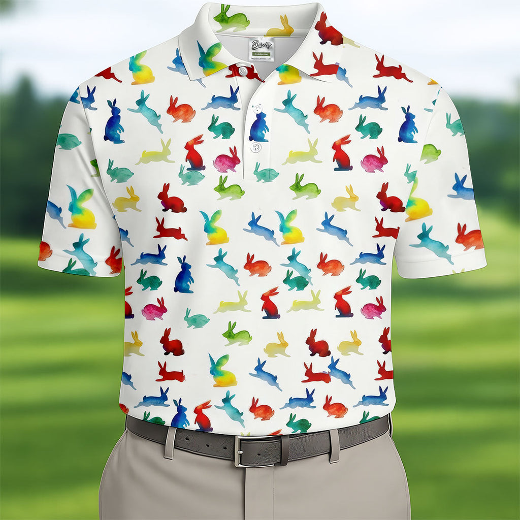 Colorful Bunny Funny Golf Shirt, Easter Bunny Pattern Golf Tops For Men, Golf Shirts For Men