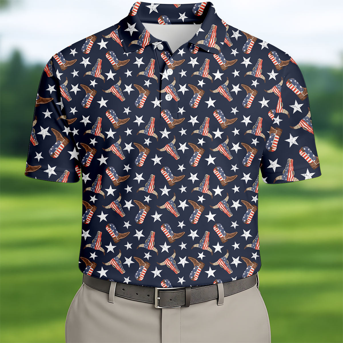 Patriotic Cowboy Boots Stars Pattern 4th Of July Golf Shirt, 250th Anniversary Golf Shirts For Men