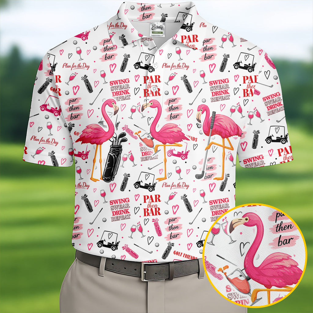 Par Then Bar Flamingo Golf Shirt, Tropical Party Polo Shirts For Men, Golf Shirts For Men