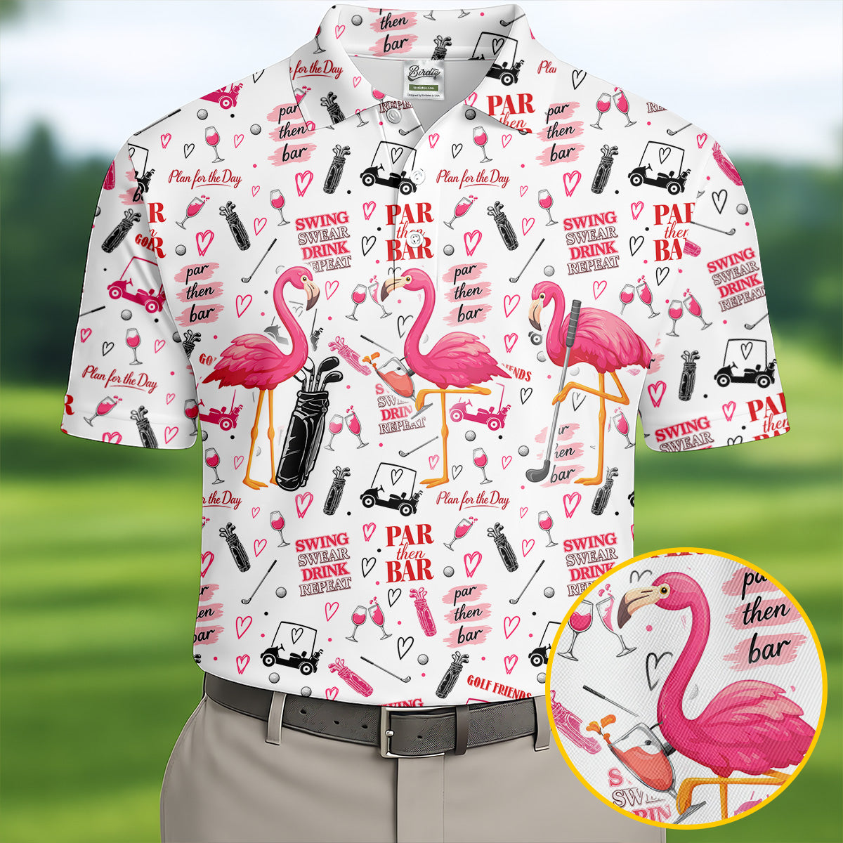 Par Then Bar Flamingo Golf Shirt, Tropical Party Polo Shirts For Men, Golf Shirts For Men
