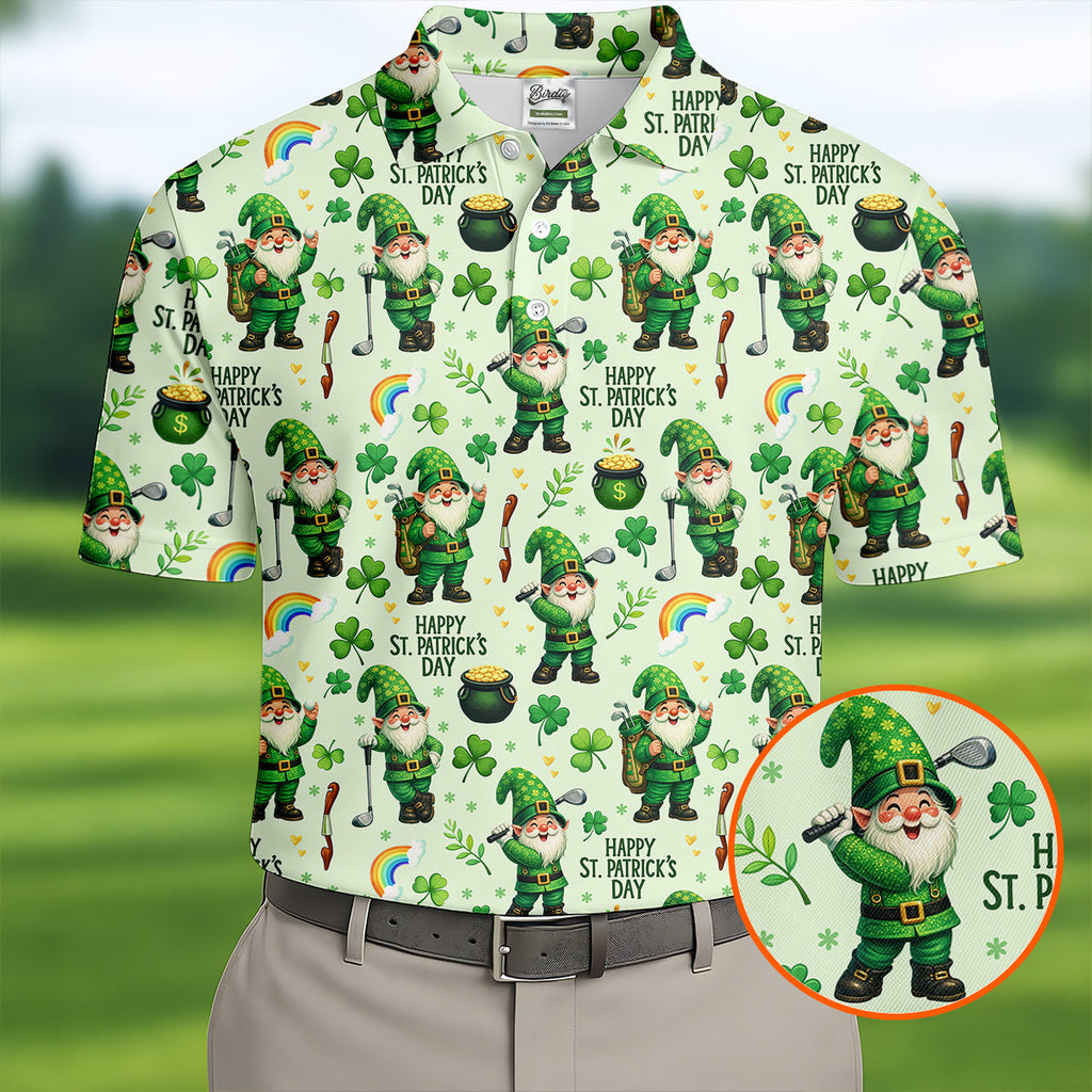 Happy St Patrick's Day Gnomes Shamrock Golf Shirt, Men's Funny Golf Shirts, Golf Shirts For Men