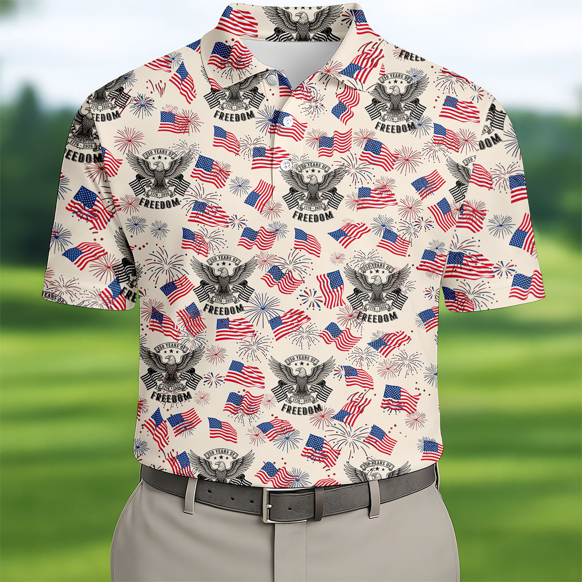 250 Years Of Freedom Festive Flag Vintage Beige Golf Shirt, Patriotic 4th Of July Golf Shirts For Men