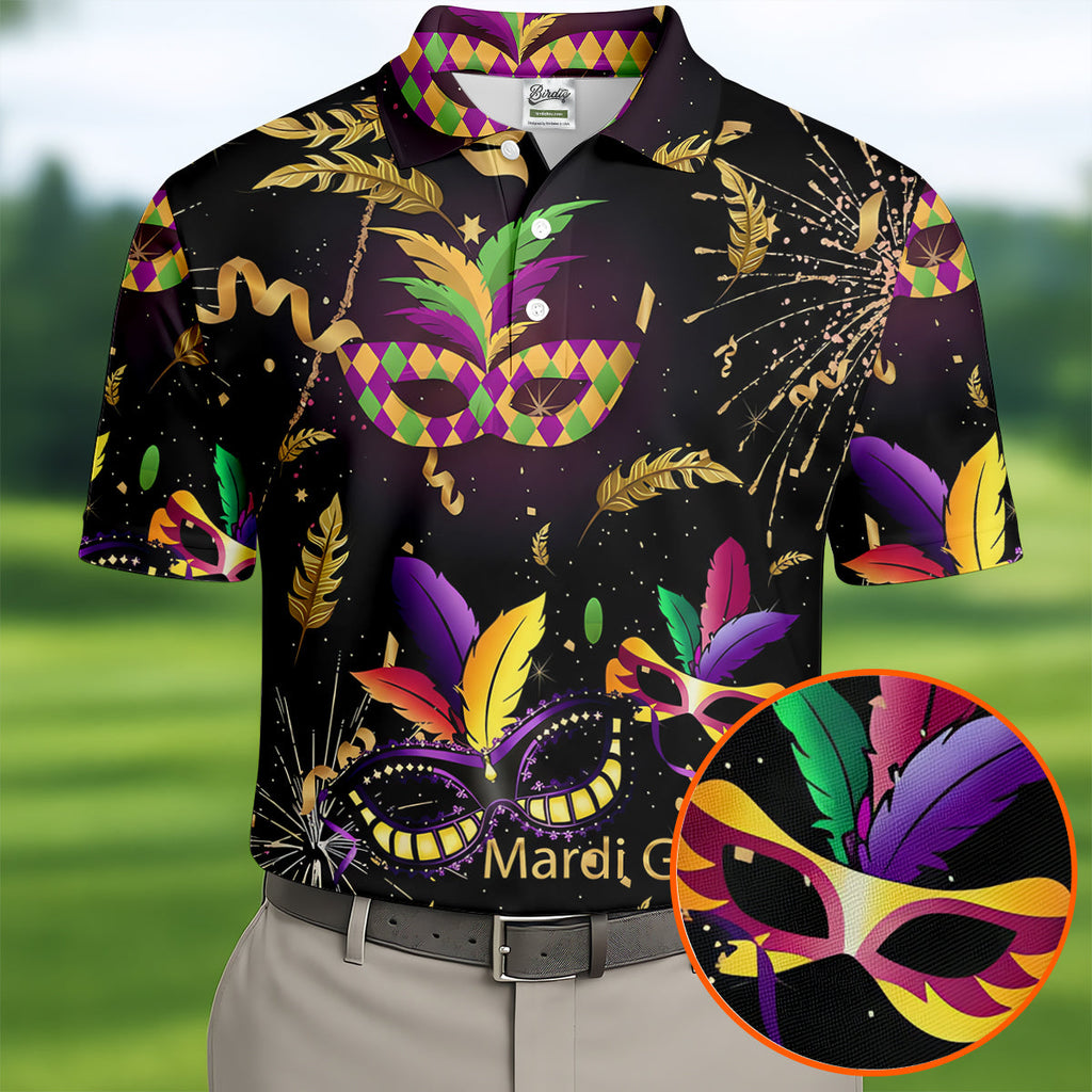 Gold Ribbons Mardi Gras Masquerade Mask Golf Tops For Men, Polo Shirts For Men, Golf Shirts For Men