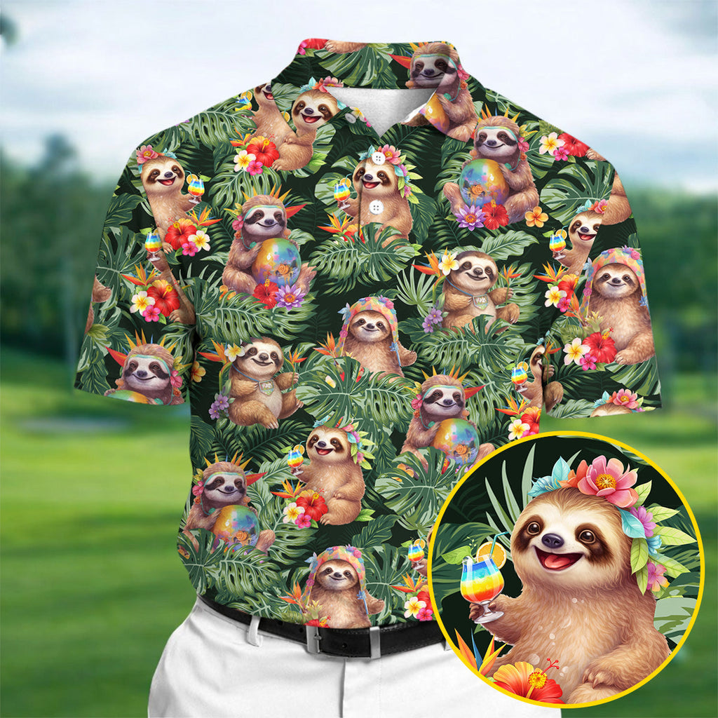 Funny Sloth Hawaiian Summer Golf Tops For Men, Hawaiian Golf Shirts, Polo Shirts For Men