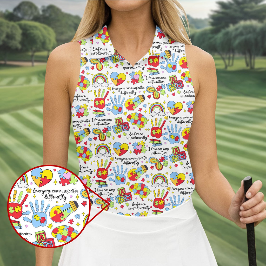 I Love Someone With Autism White Golf Shirt, Autism Awareness Color Ladies Golf Shirts, Ladies Golf Polos