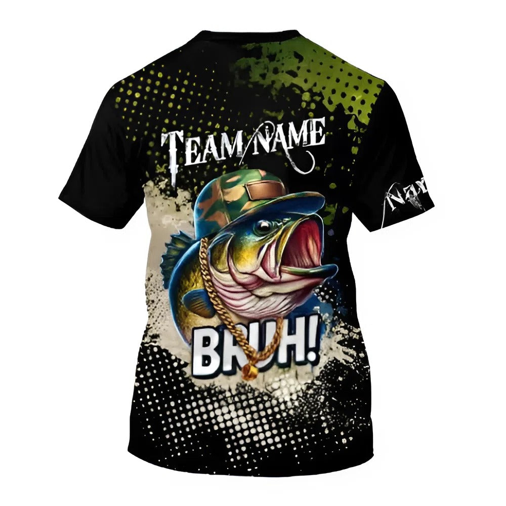 Personalized Bass Fishing T-shirt, Cool Fish Design with 'Bruh!' Quote, Team Fishing Shirt