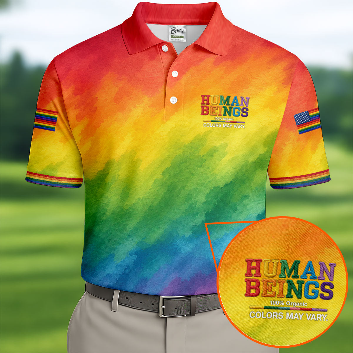 Human Beings LGBT Rainbow Golf Tops For Men, LGBT Pride Month Gradient Watercolor Polo Shirts For Men