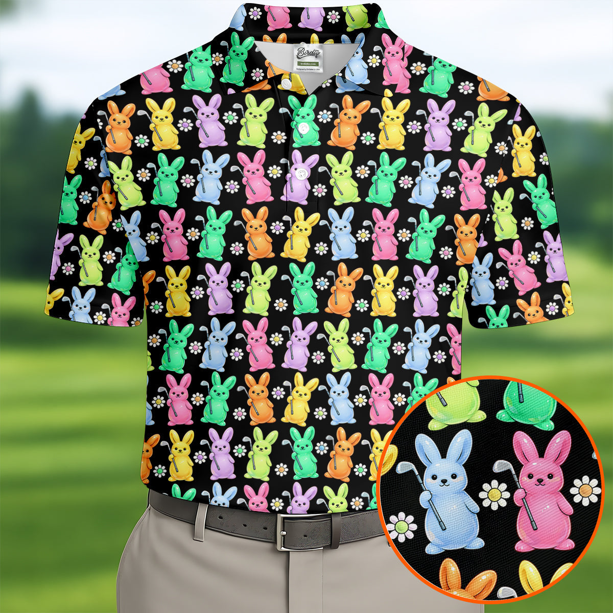 Colorful Easter Bunny Black Golf Shirt, Cute Golf Outfit, Golf Shirts For Men, Golf Gift For Men
