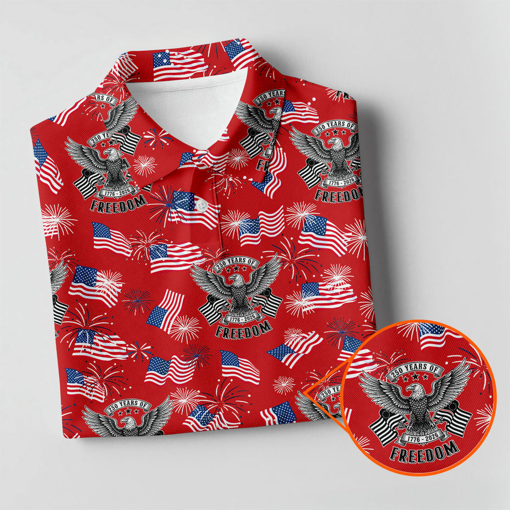 250 Years Of Freedom Festive Flag Vintage Red Golf Shirt, Patriotic 4th Of July Golf Shirts For Men