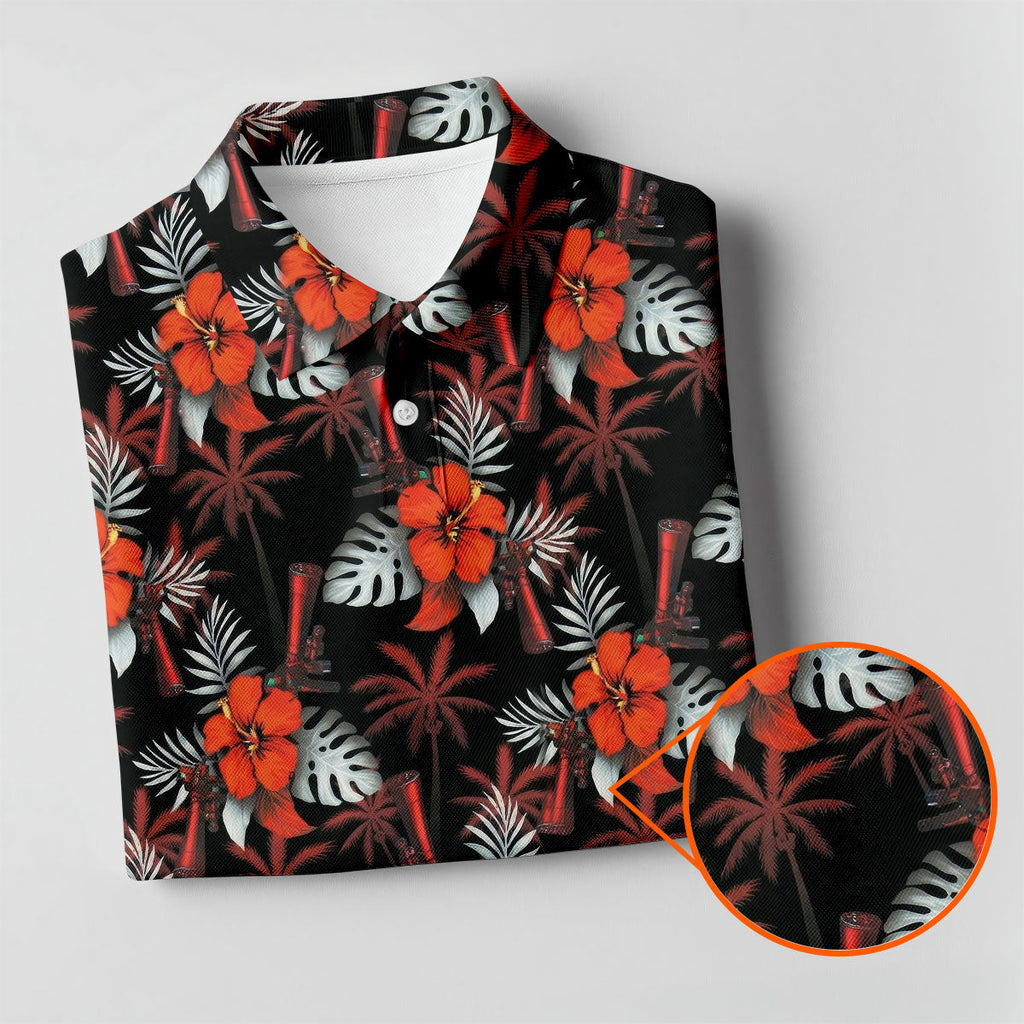 Orange Hibiscus Black Hawaiian Golf Shirt, Summer Vibe Golf Shirts For Men