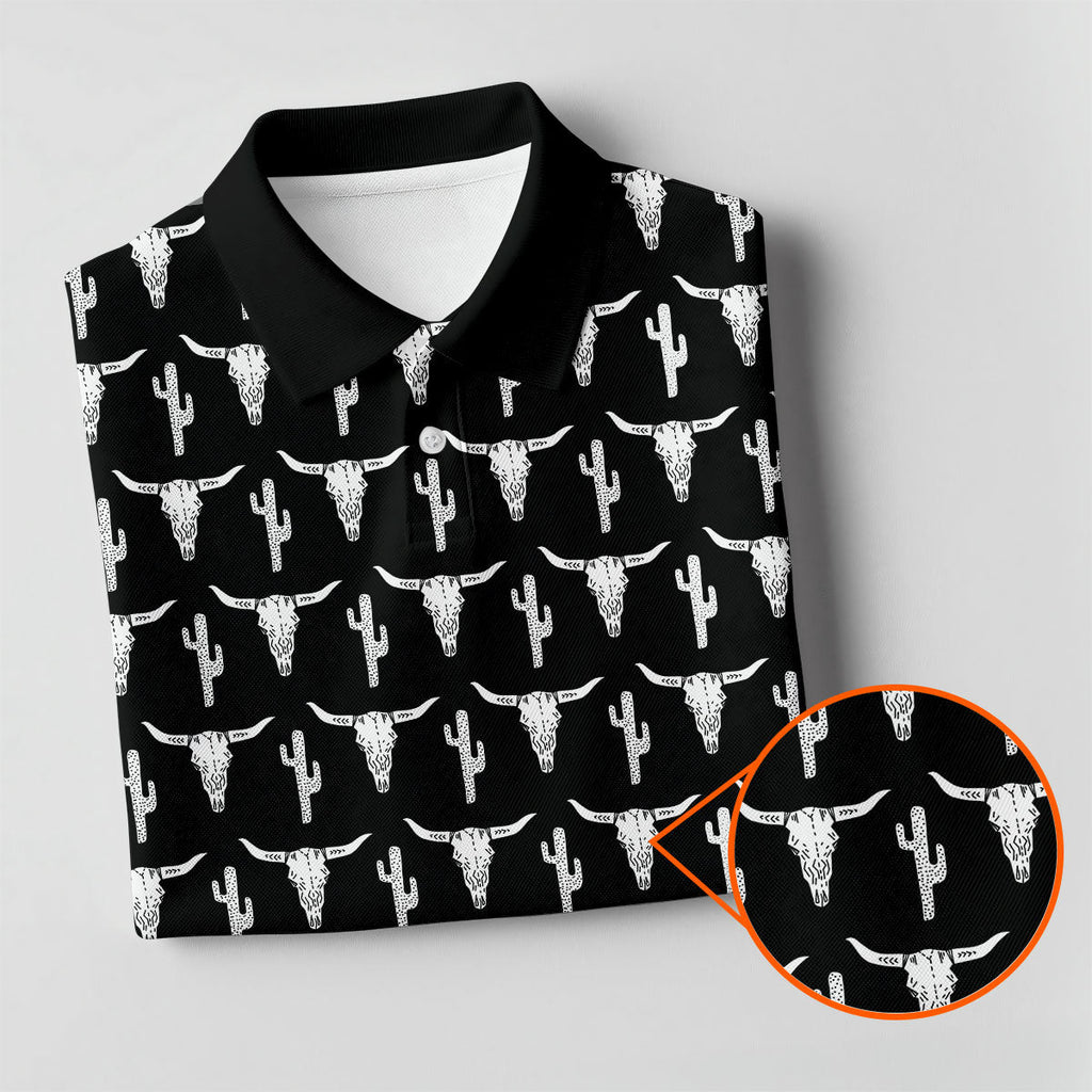 Longhorn Cow Skull Western Theme Black Golf Tops For Men, Polo Shirts For Men, Golf Shirts For Men