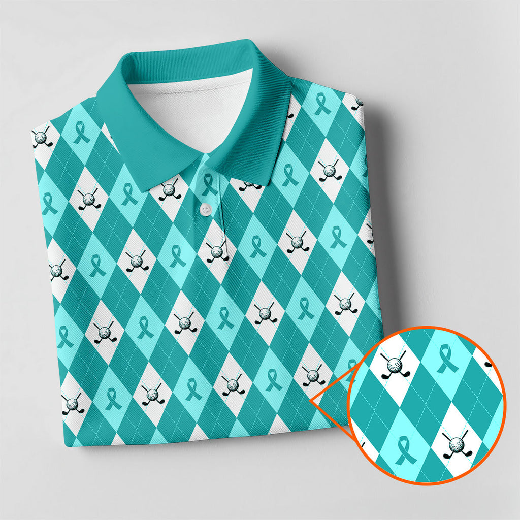 Ovarian Cancer Teal Argyle Men's Golf Polo ShirtOvarian Cancer Awareness Shirt, Golf Gift For Men