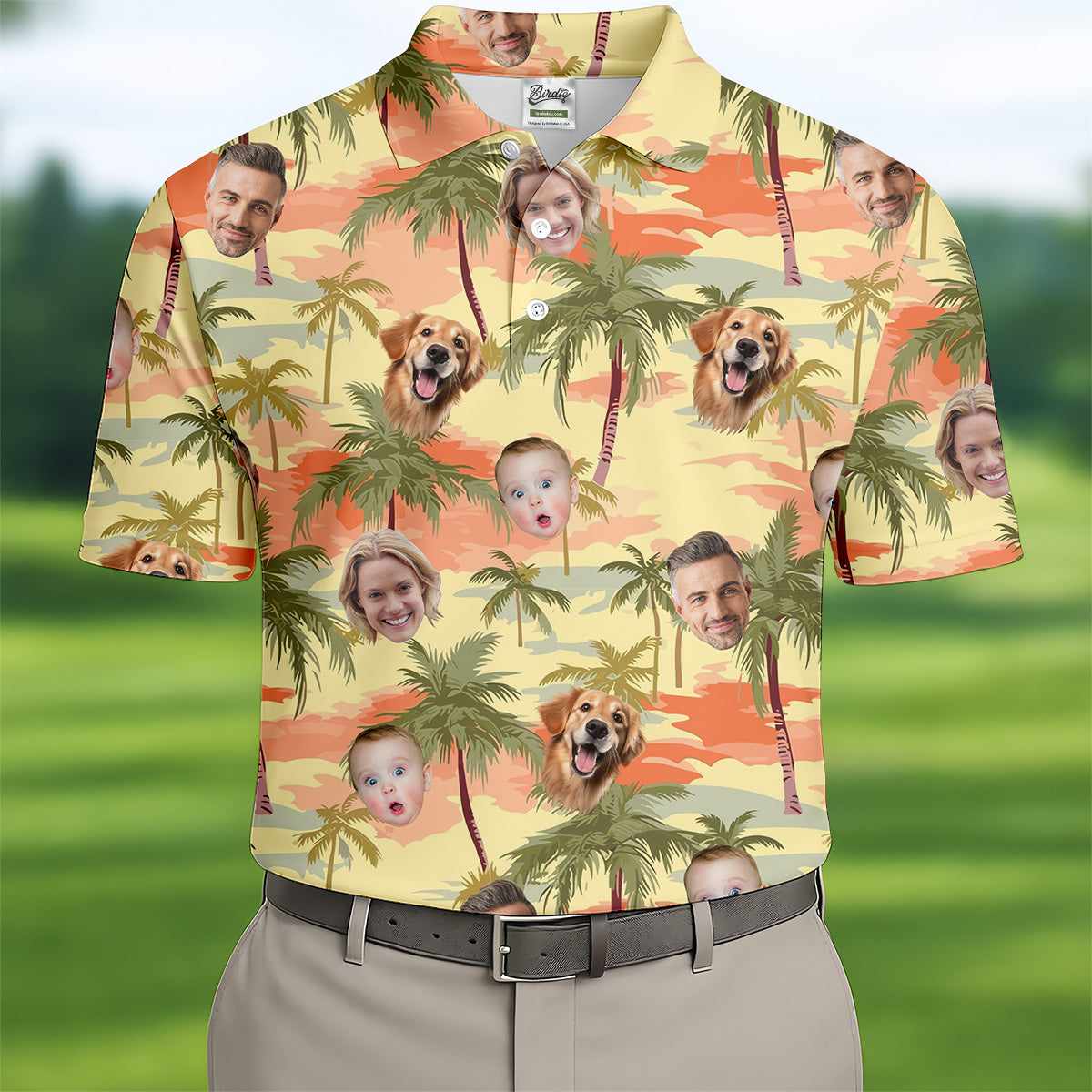Yellow Sunset Hawaiian Shirt With Face, Men Golf Polo, Matching Hawaiian Outfits, Long Sleeve Polo
