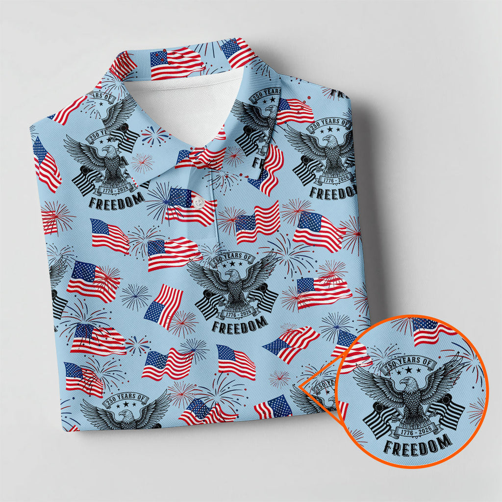 250 Years Of Freedom Festive Flag Vintage Blue Golf Shirt, Patriotic 4th Of July Golf Shirts For Men