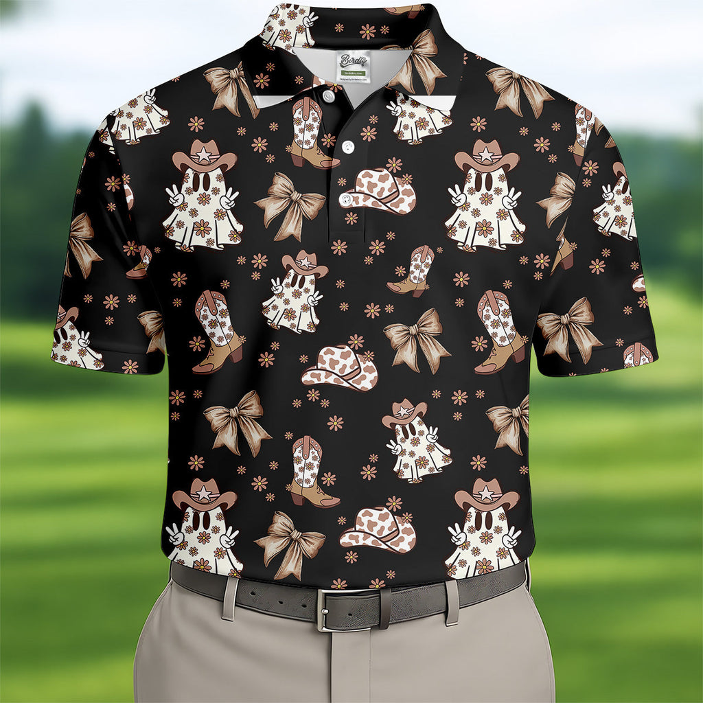 Coquette Halloween Cowboy Ghost Black Fun Golf Shirts For Men, Polo Shirts For Men, Golfing Apparel