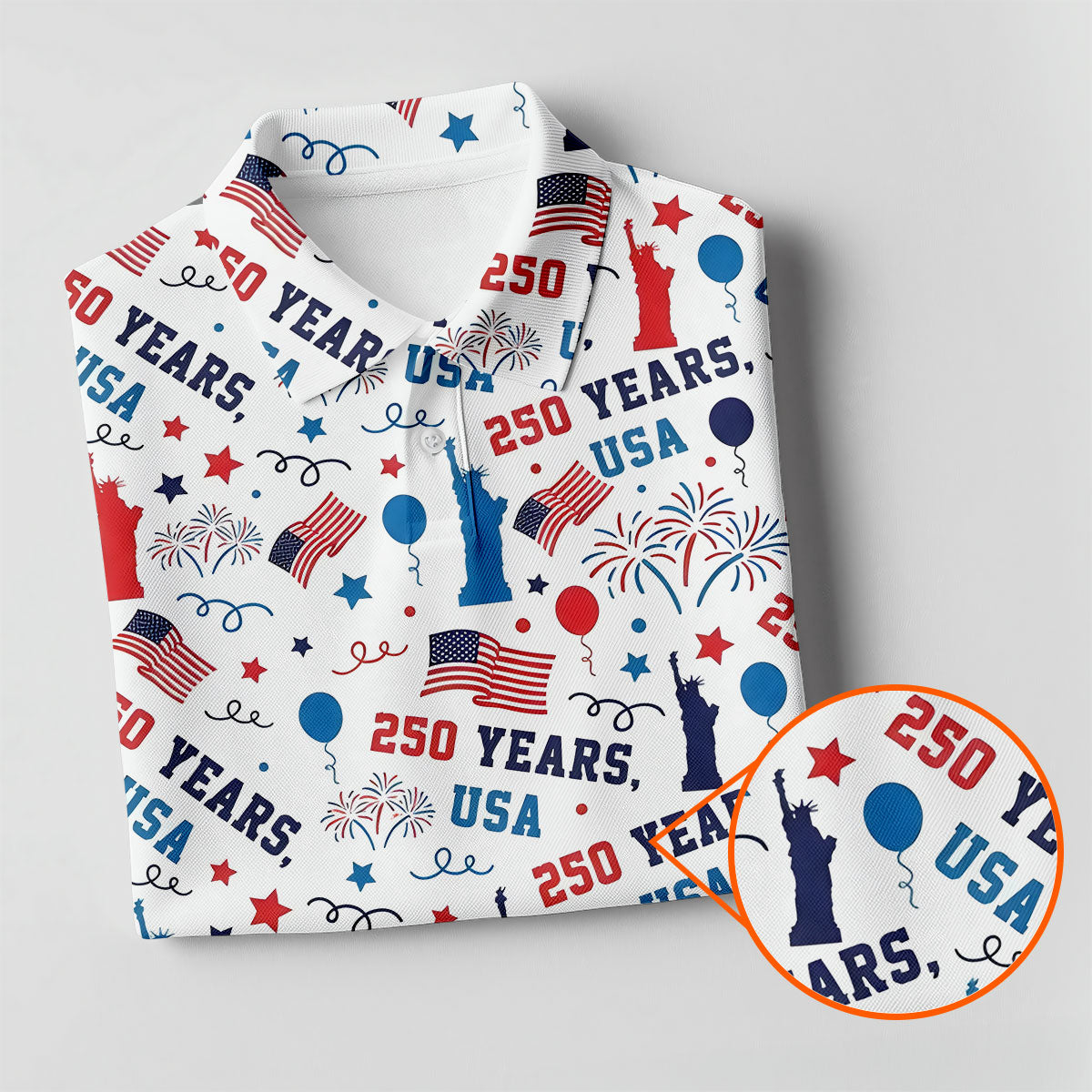250 Years USA Red White Blue Seamless Pattern White Golf Shirt, Patriotic 4th Of July Golf Shirts For Men