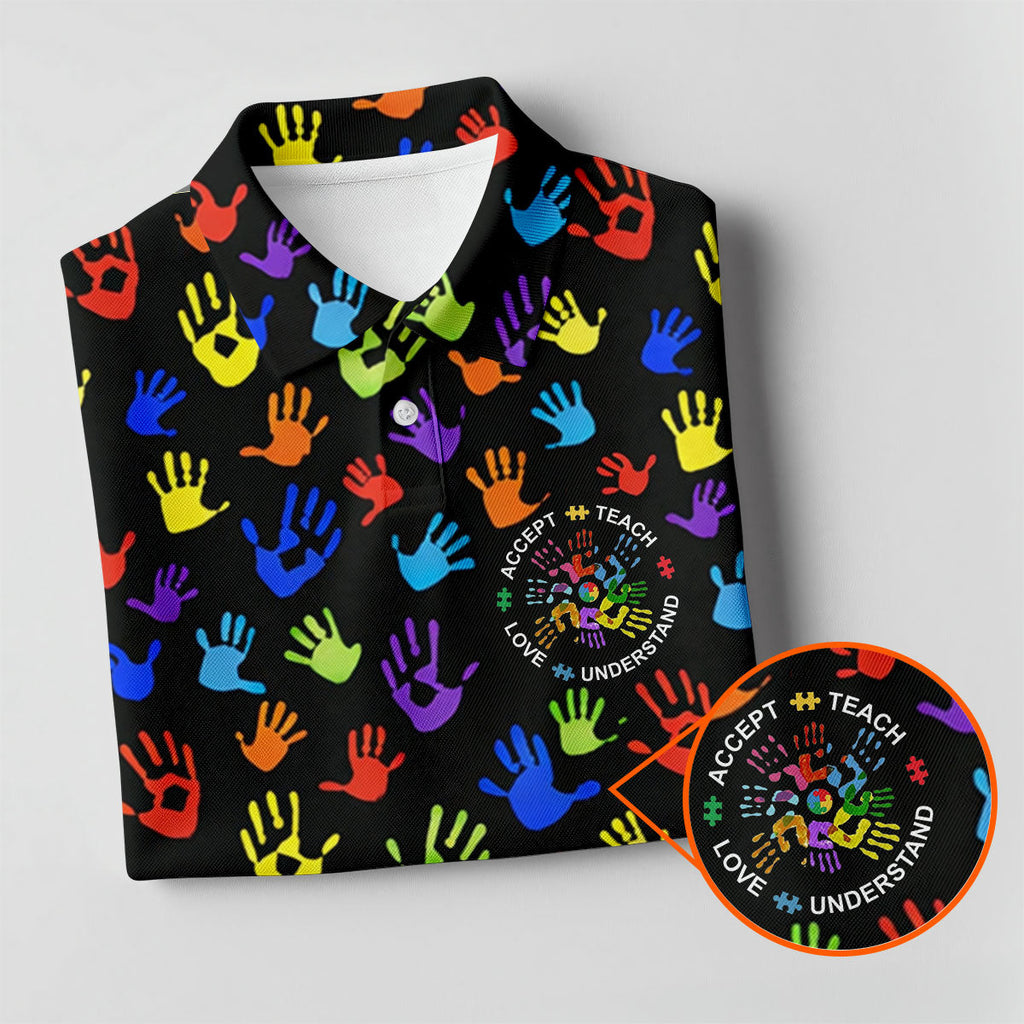 Accept Teach Understand Love Autism Awareness Colorful Handprint Black Golf Shirt, Golf Shirts For Men