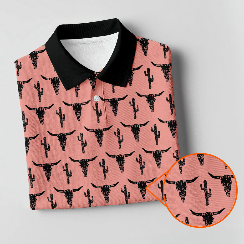 Longhorn Cow Skull Western Theme Peach Pink Golf Tops For Men, Polo Shirts For Men, Golf Shirts For Men