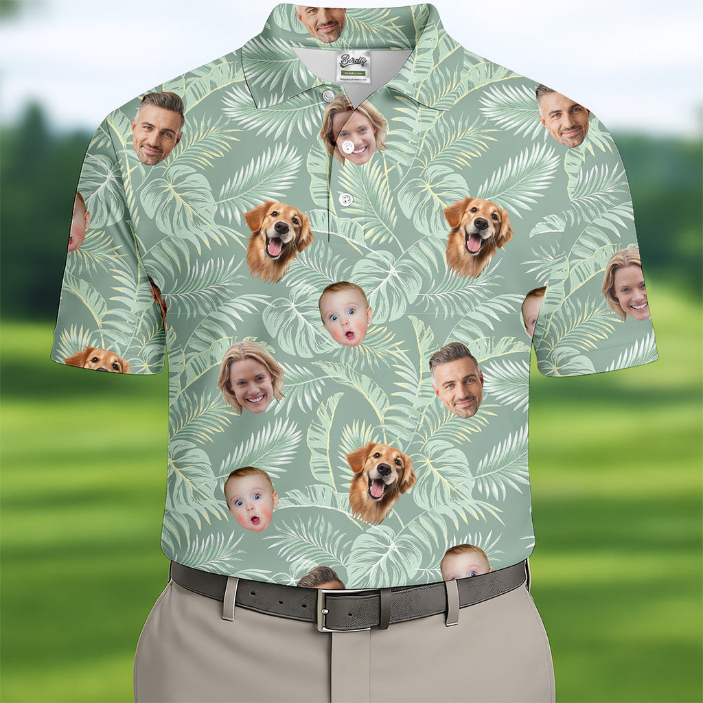 Tropical Leaf Pattern Mens Hawaiian Golf Shirts, Custom Team Shirt, Green Polo Shirt, Best Gifts For Men Golfers