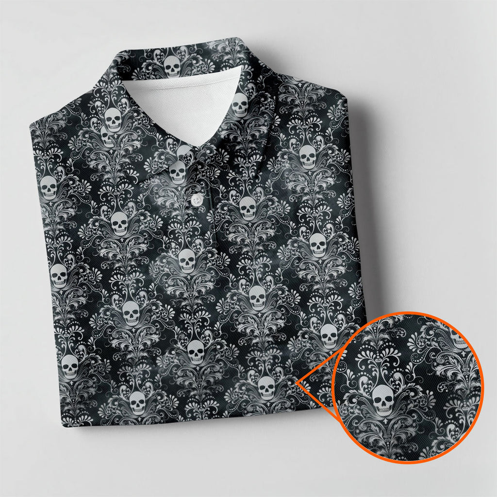 Skull Damask Charcoal Grey Gothic Floral Golf Tops For Men, Polo Shirts For Men, Golf Shirts For Men