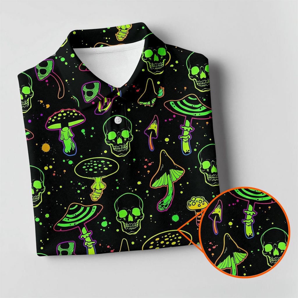 Mushroom And Skull Neon Pattern Hawaiian Golf Shirt, Men's Funny Golf Shirts