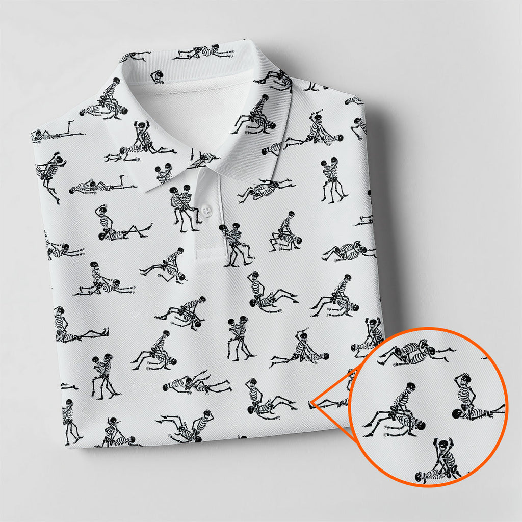 White Funny Skeleton Adult Position Golf Shirt, Halloween Gift Idea, Ladies Golf Shirts