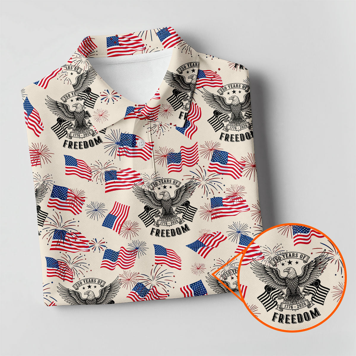 250 Years Of Freedom Festive Flag Vintage Beige Golf Shirt, Patriotic 4th Of July Golf Shirts For Men