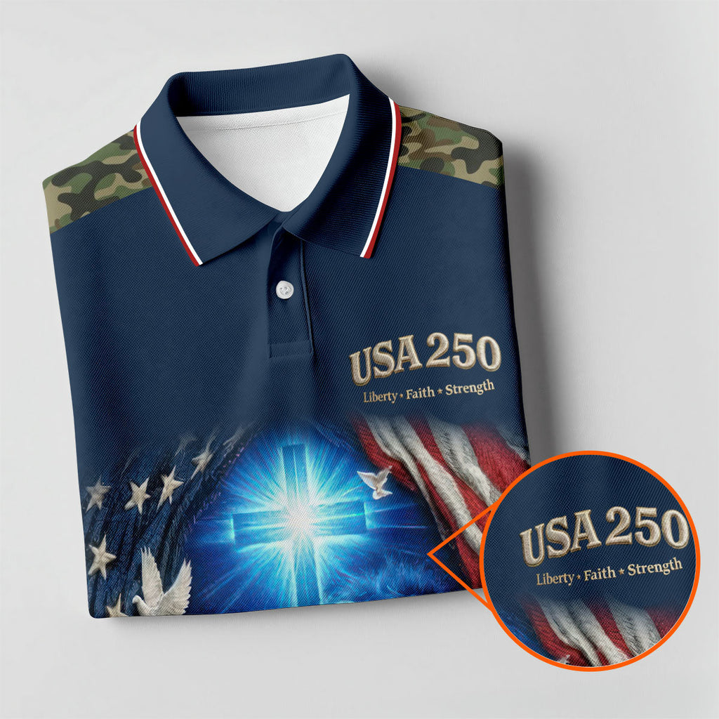 One Nation Under God Faith Cross USA 250 Navy Camo Golf Shirt, 4th Of July Golf Shirts For Men